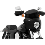 Two motorcycles display black front fairings, including a Road Warrior Fairing equipped with the Memphis Shades Windshield. Below them are three separate black Memphis Shades pieces, made from Lucite in different shapes and with various cutouts.