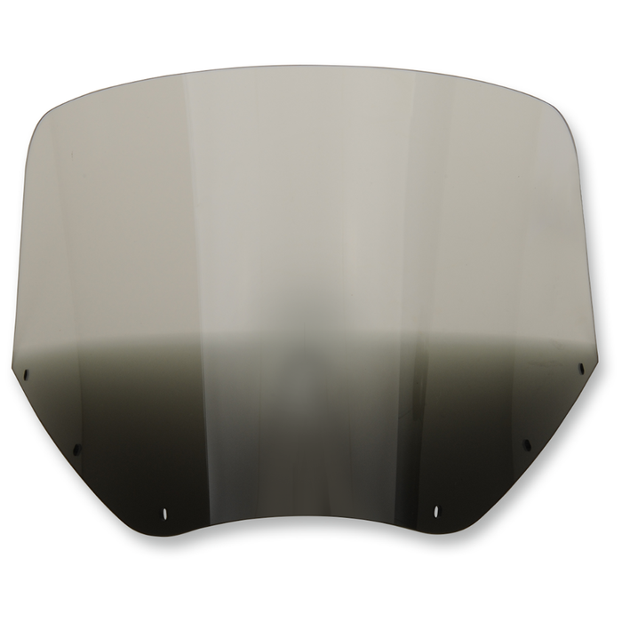 Two motorcycles display black front fairings, including a Road Warrior Fairing equipped with the Memphis Shades Windshield. Below them are three separate black Memphis Shades pieces, made from Lucite in different shapes and with various cutouts.