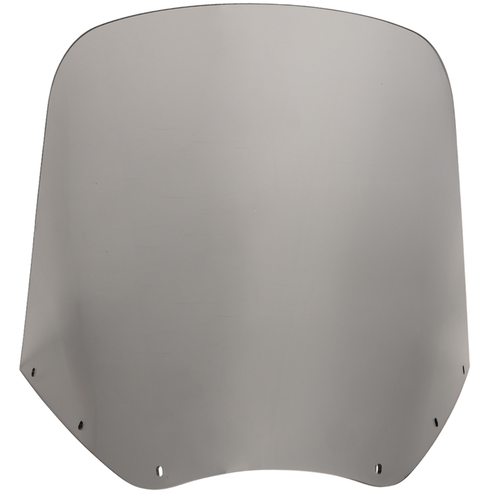 Two motorcycles display black front fairings, including a Road Warrior Fairing equipped with the Memphis Shades Windshield. Below them are three separate black Memphis Shades pieces, made from Lucite in different shapes and with various cutouts.