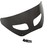 Two motorcycles display black front fairings, including a Road Warrior Fairing equipped with the Memphis Shades Windshield. Below them are three separate black Memphis Shades pieces, made from Lucite in different shapes and with various cutouts.