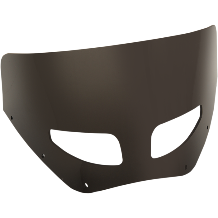 Two motorcycles display black front fairings, including a Road Warrior Fairing equipped with the Memphis Shades Windshield. Below them are three separate black Memphis Shades pieces, made from Lucite in different shapes and with various cutouts.