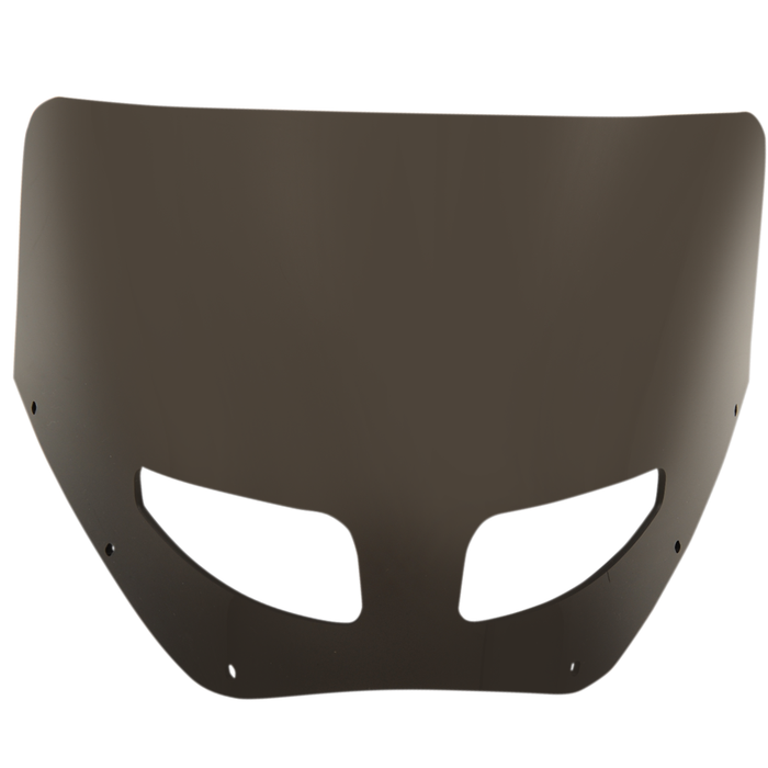 Two motorcycles display black front fairings, including a Road Warrior Fairing equipped with the Memphis Shades Windshield. Below them are three separate black Memphis Shades pieces, made from Lucite in different shapes and with various cutouts.