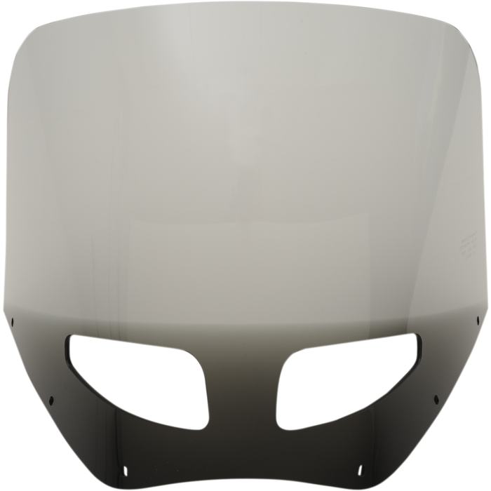 Two motorcycles display black front fairings, including a Road Warrior Fairing equipped with the Memphis Shades Windshield. Below them are three separate black Memphis Shades pieces, made from Lucite in different shapes and with various cutouts.