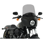 Two motorcycles display black front fairings, including a Road Warrior Fairing equipped with the Memphis Shades Windshield. Below them are three separate black Memphis Shades pieces, made from Lucite in different shapes and with various cutouts.