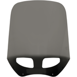 Two motorcycles display black front fairings, including a Road Warrior Fairing equipped with the Memphis Shades Windshield. Below them are three separate black Memphis Shades pieces, made from Lucite in different shapes and with various cutouts.