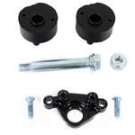 Wyatt Gatling Front Engine Mount for 2004-2022 Harley-Davidson Sportster: black and silver hardware (spacers, bolts, bracket, nut) by Wyatt Gatling arranged on a white background—ideal for replacing your Sportster’s motor mount.