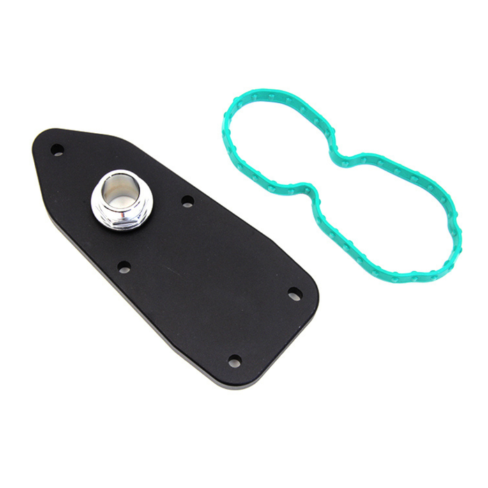 A black metal plate with a metal fitting and green gasket are shown, featuring the Wyatt Gatling Petcock Adapter for 2008-2022 Harley-Davidson—ideal for EFI to carb conversions or as a 22mm petcock adapter.
