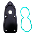 A black metal plate with a metal fitting and green gasket are shown, featuring the Wyatt Gatling Petcock Adapter for 2008-2022 Harley-Davidson—ideal for EFI to carb conversions or as a 22mm petcock adapter.
