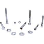 The Drag Specialties Front Engine Mount Fastener Kit for 1991-2017 Harley-Davidson Dyna features assorted bolts, nuts, and washers arranged upright and flat on a white background.