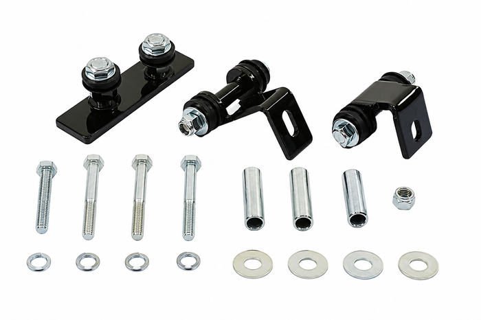 Wyatt Gatling Gas Tank Mount Kit for Flatside Fuel Tanks by Wyatt Gatling includes brackets, bolts, washers, spacers, and nuts for Softail frame installation, displayed on a white background.