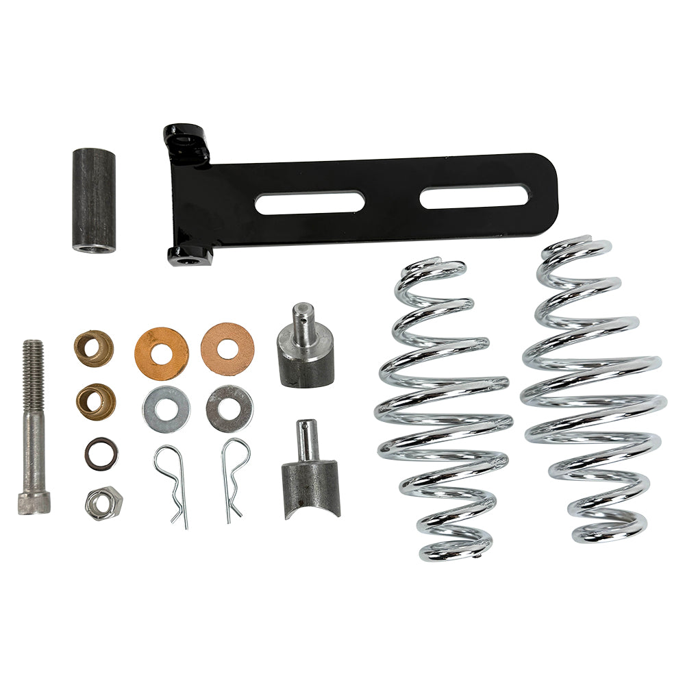 The TC Bros. Solo Seat Mounting Kit by TC Bros. includes springs, washers, bolts, nuts, cotter pins, and a black slotted bracket—ideal for mounting a chopper sprung or solo seat. All components are shown on a white background.