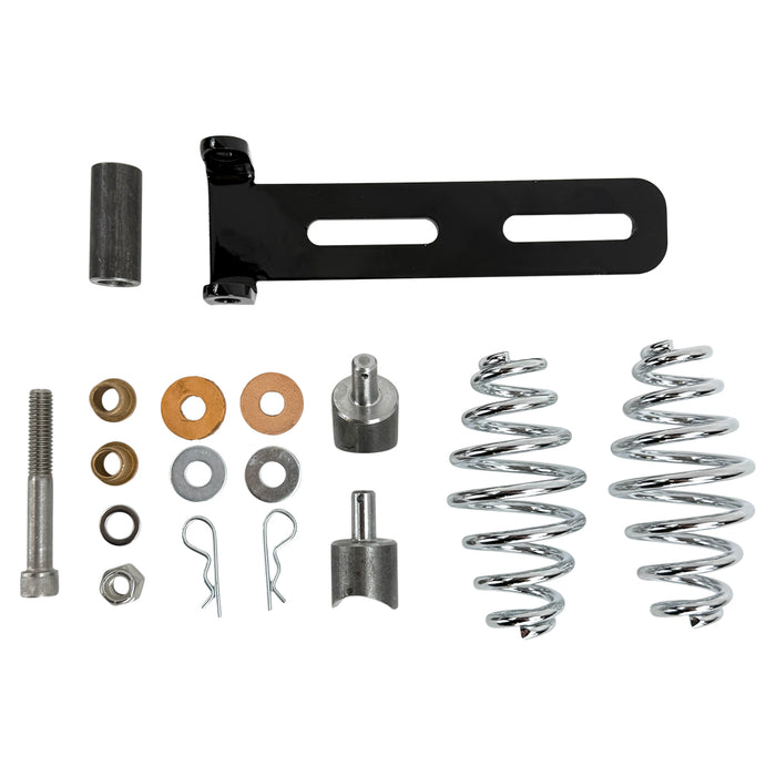The TC Bros. Solo Seat Mounting Kit by TC Bros. includes springs, washers, bolts, nuts, cotter pins, and a black slotted bracket—ideal for mounting a chopper sprung or solo seat. All components are shown on a white background.