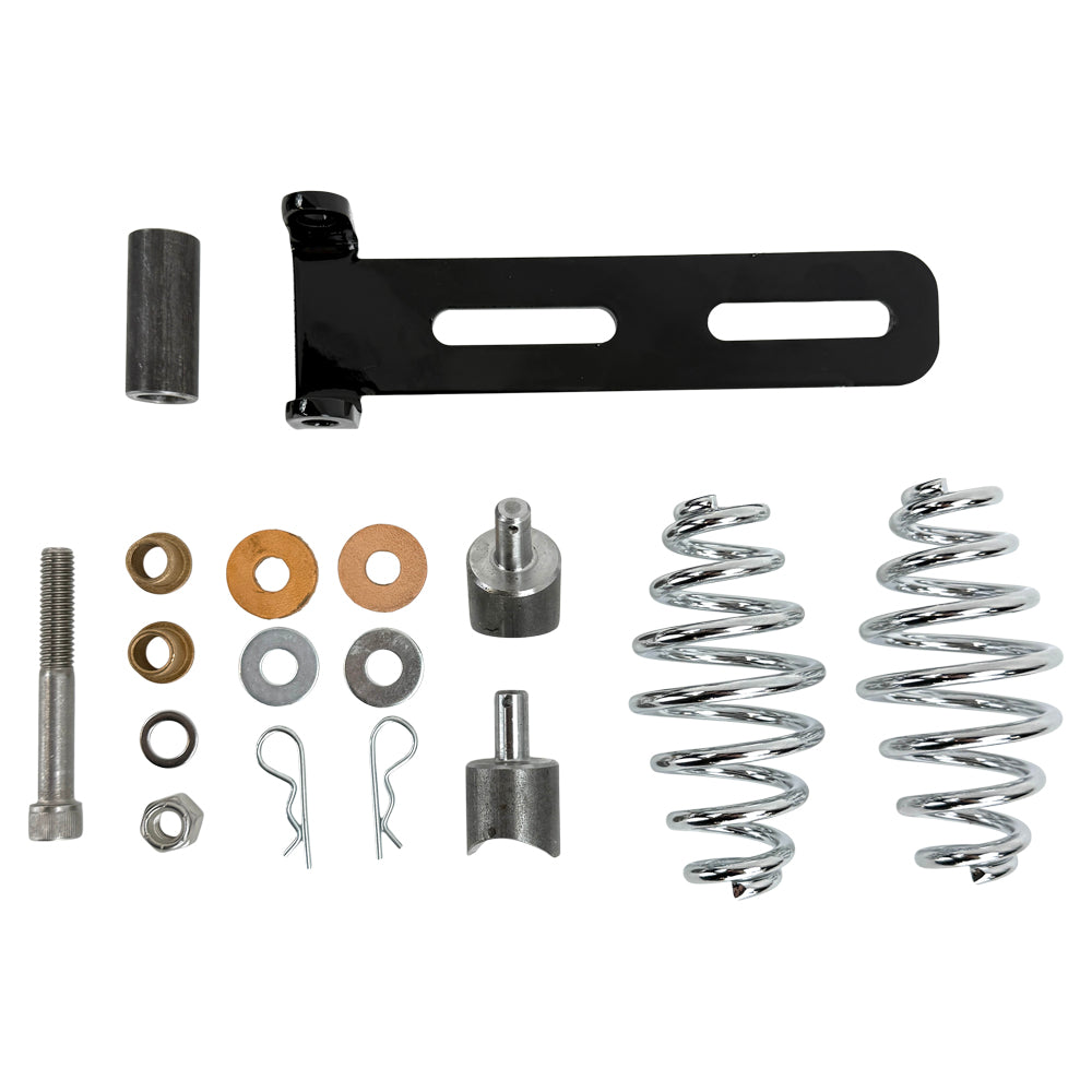 The TC Bros. Solo Seat Mounting Kit by TC Bros. includes springs, washers, bolts, nuts, cotter pins, and a black slotted bracket—ideal for mounting a chopper sprung or solo seat. All components are shown on a white background.