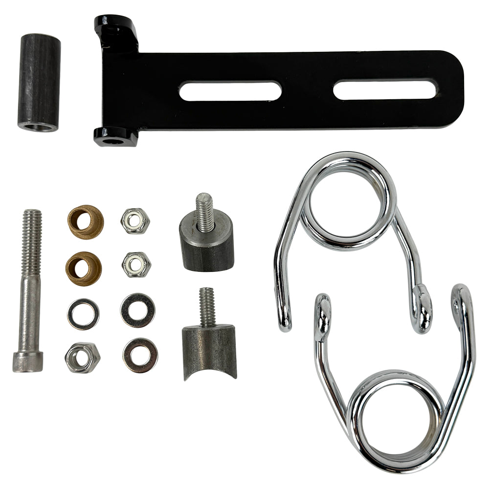 The TC Bros. Solo Seat Mounting Kit by TC Bros. includes springs, washers, bolts, nuts, cotter pins, and a black slotted bracket—ideal for mounting a chopper sprung or solo seat. All components are shown on a white background.