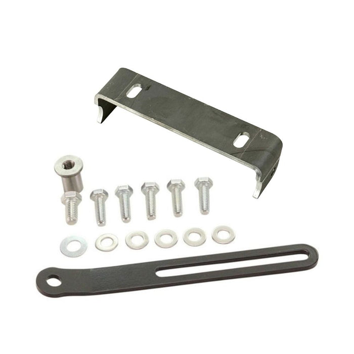 The TC Bros. Rigid Seat Mount Kit includes five bolts, five washers, one nut, and a slotted metal strip—ideal for customizing Sportster hardtails. All TC Bros. components are shown neatly organized on a white background.