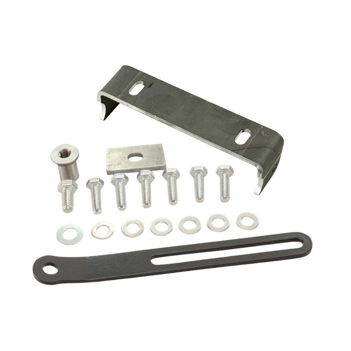 The TC Bros. Rigid Seat Mount Kit includes five bolts, five washers, one nut, and a slotted metal strip—ideal for customizing Sportster hardtails. All TC Bros. components are shown neatly organized on a white background.