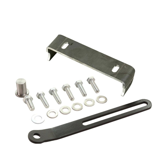 The TC Bros. Rigid Seat Mount Kit includes five bolts, five washers, one nut, and a slotted metal strip—ideal for customizing Sportster hardtails. All TC Bros. components are shown neatly organized on a white background.