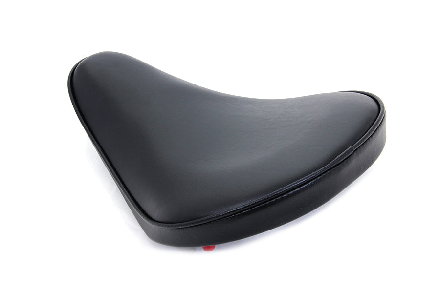 A high quality custom Black Smooth Vinyl Solo Seat for Choppers and Bobbers by Corbin Gentry on a steel seat pan, on a white background.