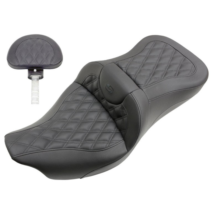 The Saddlemen Extended Reach Road Sofa Seat for 2008-2025 Harley-Davidson Touring features a sleek black design with a diamond-stitched pattern, raised backrest, and smooth edges. Crafted by Saddlemen for two riders, this seat combines comfort and classic Harley-Davidson style.
