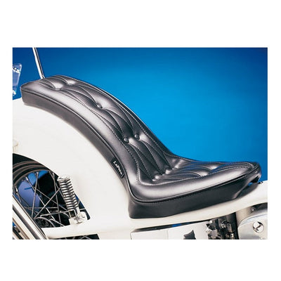 Le Pera Cobra Seat - Diamond Buttons - For Rigid Frame Choppers with stitched design on a blue background.