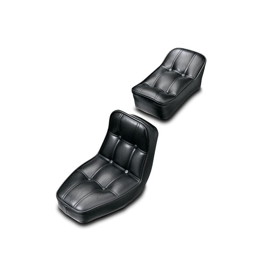 Two black Le Pera Rigid Barron II 2-Piece Seats For Rigid Frame Choppers on a white background.