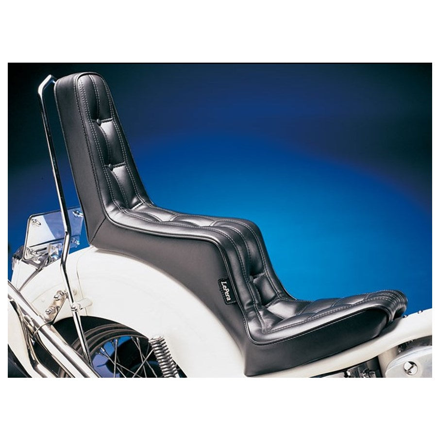 A black Le Pera Signature I 1-Piece Seat with 14" Back For Rigid Frame Choppers, mounted on a white motorcycle.