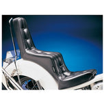 A black Le Pera Signature I 1-Piece Seat with 14" Back For Rigid Frame Choppers, mounted on a white motorcycle.