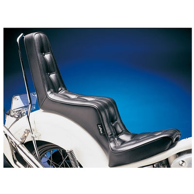 A black Le Pera Signature I 1-Piece Seat with 14" Back For Rigid Frame Choppers, mounted on a white motorcycle.