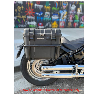 Two black, rugged, waterproof Speedwell Vigilante Saddlebags with sturdy handles, displayed against a white background.