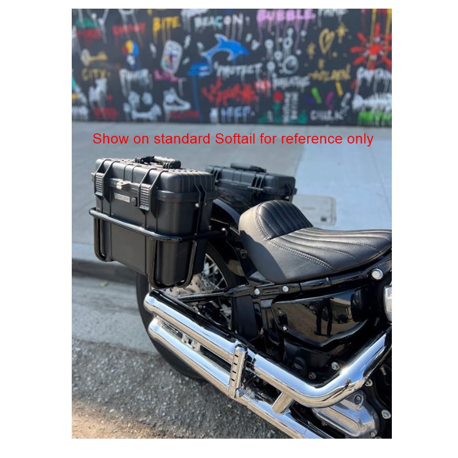 Two black, rugged, waterproof Speedwell Vigilante Saddlebags with sturdy handles, displayed against a white background.