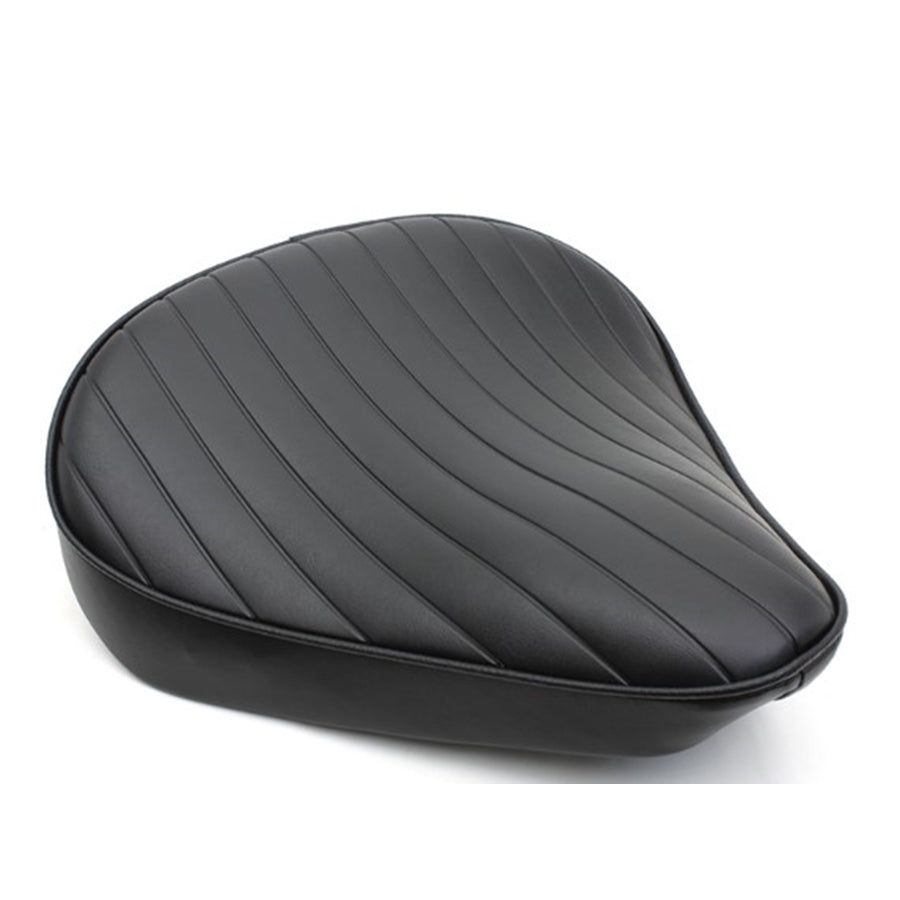 Black Wyatt Gatling Tuck and Roll Chopper Solo Seat with ribbed design on a steel base plate, against a white background.
