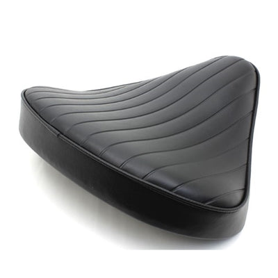 Black Wyatt Gatling Tuck and Roll Chopper Solo Seat with ribbed design on a steel base plate, against a white background.