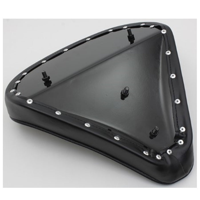 Black Wyatt Gatling Tuck and Roll Chopper Solo Seat with ribbed design on a steel base plate, against a white background.