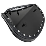 The Black Tuck and Roll Chopper Solo Seat by Moto Iron® features classic horizontal stitching and a contoured design for comfort and style—shown angled on a white background. A premium accessory for your custom ride.
