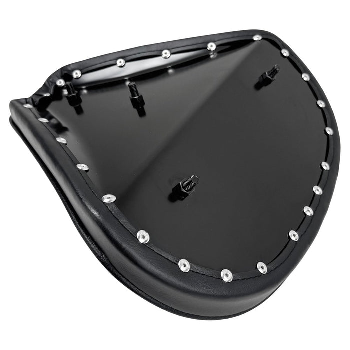 The Black Tuck and Roll Chopper Solo Seat by Moto Iron® features classic horizontal stitching and a contoured design for comfort and style—shown angled on a white background. A premium accessory for your custom ride.