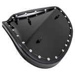 The Black Tuck and Roll Chopper Solo Seat by Moto Iron® features classic horizontal stitching and a contoured design for comfort and style—shown angled on a white background. A premium accessory for your custom ride.