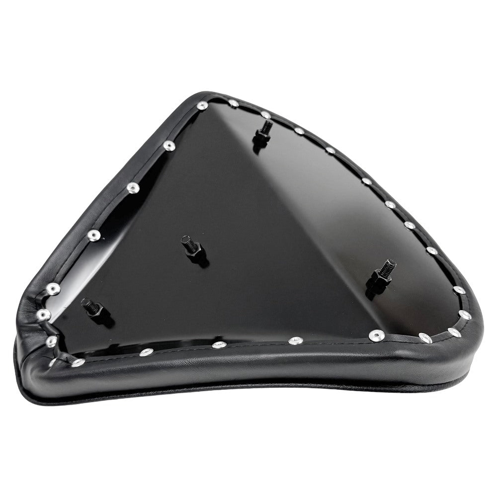 The Black Tuck and Roll Chopper Solo Seat by Moto Iron® features classic horizontal stitching and a contoured design for comfort and style—shown angled on a white background. A premium accessory for your custom ride.