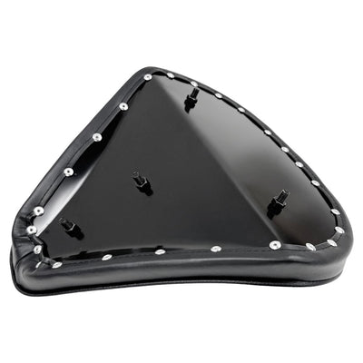 The Black Tuck and Roll Chopper Solo Seat by Moto Iron® features classic horizontal stitching and a contoured design for comfort and style—shown angled on a white background. A premium accessory for your custom ride.