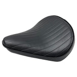 The Black Tuck and Roll Chopper Solo Seat by Moto Iron® features classic horizontal stitching and a contoured design for comfort and style—shown angled on a white background. A premium accessory for your custom ride.