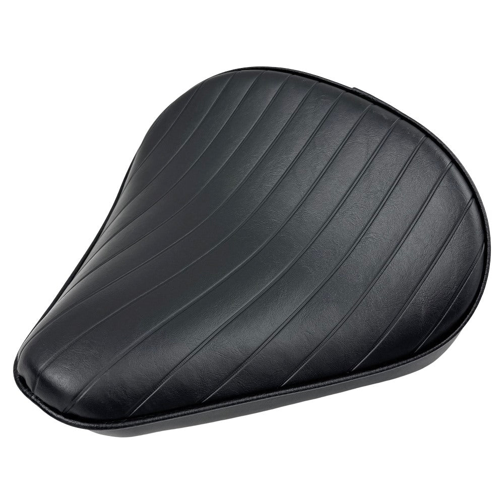 The Black Tuck and Roll Chopper Solo Seat by Moto Iron® features classic horizontal stitching and a contoured design for comfort and style—shown angled on a white background. A premium accessory for your custom ride.