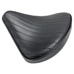 The Black Tuck and Roll Chopper Solo Seat by Moto Iron® features classic horizontal stitching and a contoured design for comfort and style—shown angled on a white background. A premium accessory for your custom ride.