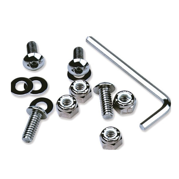 A collection of Motion Pro Chrome License Plate Frame Hardware, including bolts, washers, nuts, and an Allen wrench from the Motion Pro brand, arranged on a white background.