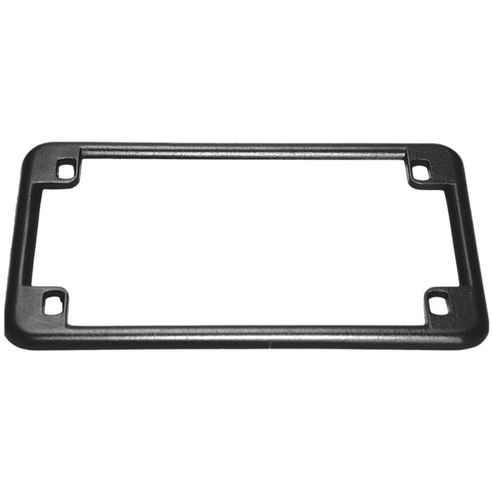 An Emgo License Plate Frame - Black - 4 1/8" x 7 1/4", made of durable plastic, featuring a rectangular design with four screw holes, one in each corner.