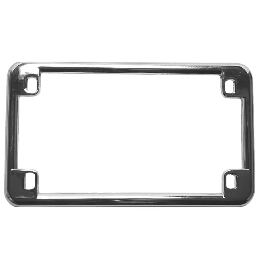 A sleek Emgo License Plate Frame - Chrome, sized at 4 1/8" x 7 1/4" with four corner mounting holes, perfect for cars or bikes.