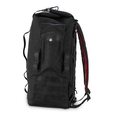 The Burly Voyager Motorcycle Sissy Bar Backpack by Burly is available in black and crafted from durable Black Cordura. It features multiple compartments, a buckled front pocket, and additional side handles. The backpack is also equipped with a MOLLE system for versatile attachment options.