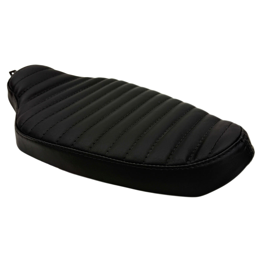 Upgrade your 1982-2003 Harley-Davidson Sportster with Sully's Customs Solo Seat—handmade in black leather, available in horizontal line or diamond quilted designs—for enhanced comfort and style.