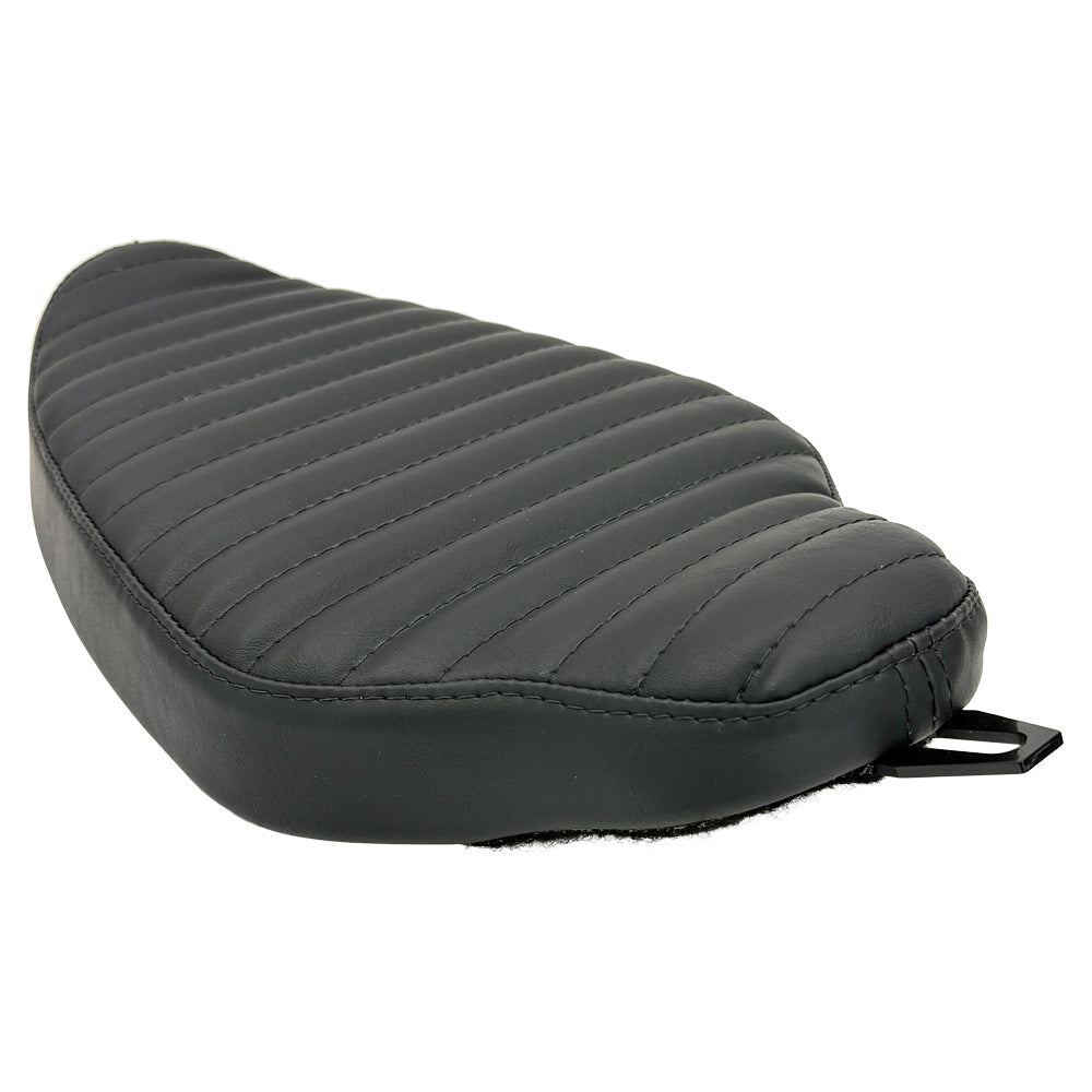 Upgrade your 1982-2003 Harley-Davidson Sportster with Sully's Customs Solo Seat—handmade in black leather, available in horizontal line or diamond quilted designs—for enhanced comfort and style.