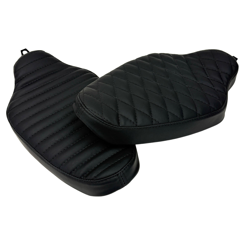 Upgrade your 1982-2003 Harley-Davidson Sportster with Sully's Customs Solo Seat—handmade in black leather, available in horizontal line or diamond quilted designs—for enhanced comfort and style.