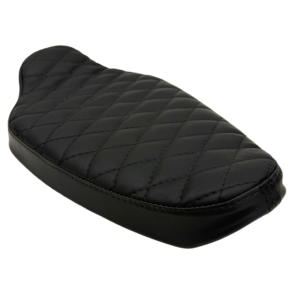 Upgrade your 1982-2003 Harley-Davidson Sportster with Sully's Customs Solo Seat—handmade in black leather, available in horizontal line or diamond quilted designs—for enhanced comfort and style.