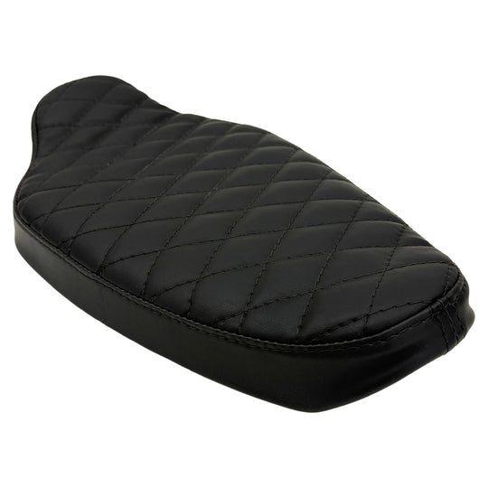 Upgrade your 1982-2003 Harley-Davidson Sportster with Sully's Customs Solo Seat—handmade in black leather, available in horizontal line or diamond quilted designs—for enhanced comfort and style.